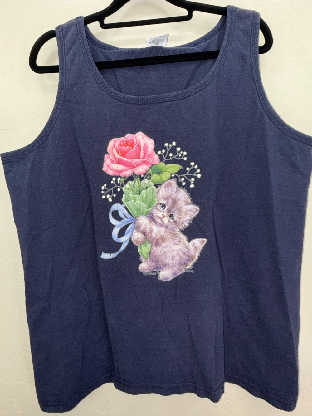 Navy Tank Top with Pink Rose & Kitten Graphic Size XL Retro Cat Sweet Kitten